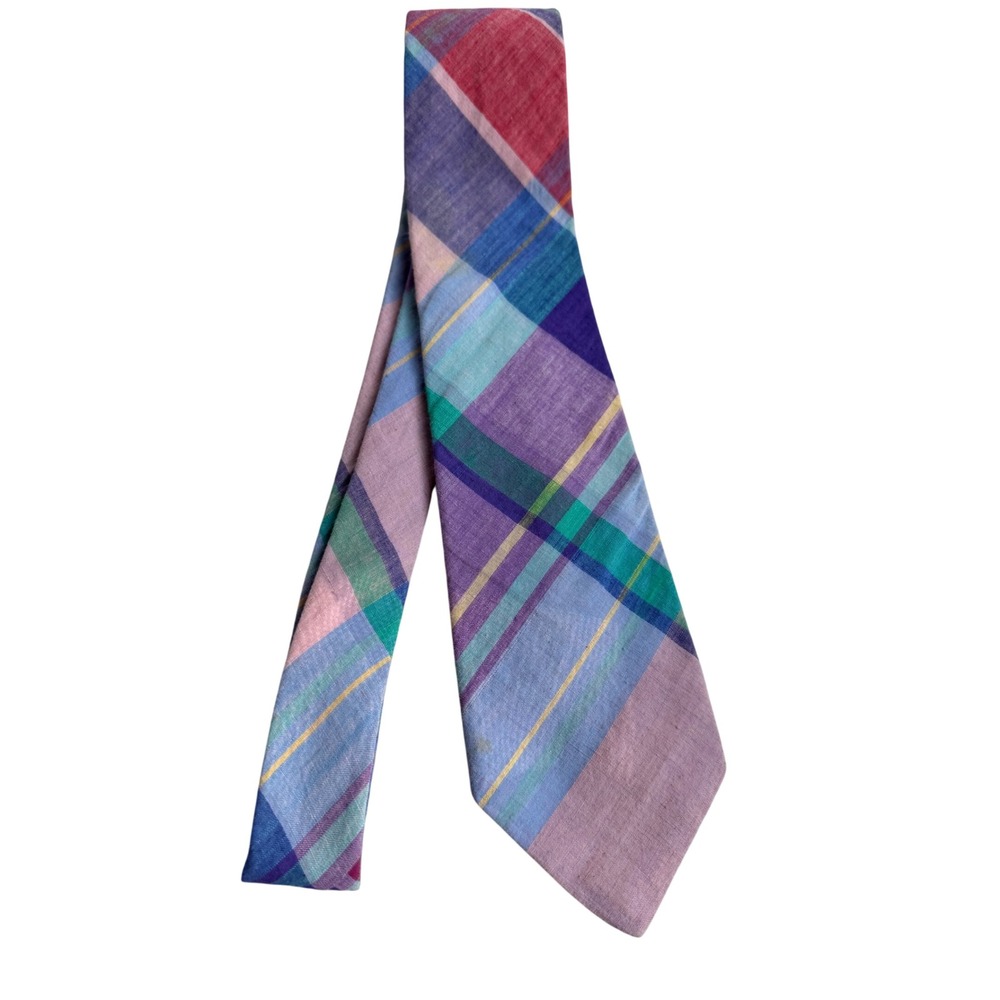 Gant Men Plaid Tie Multi-Color Purple Blue Green Cotton Blend 3.5 In Width VTG